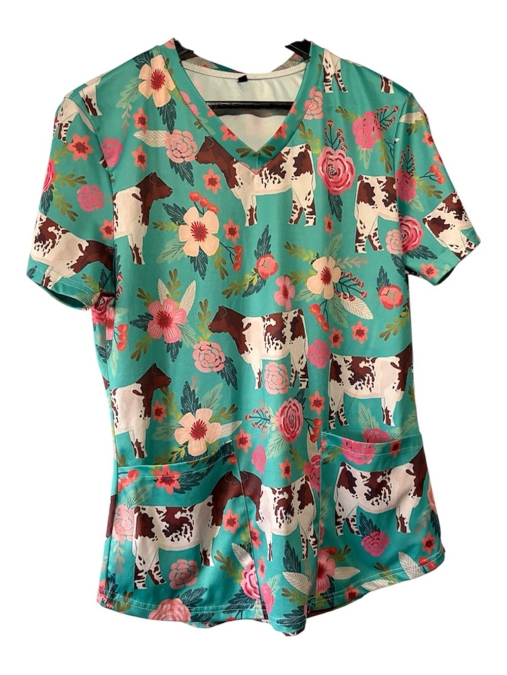 Turquoise Floral & Cow Print V-Neck Scrub Top. Size M.